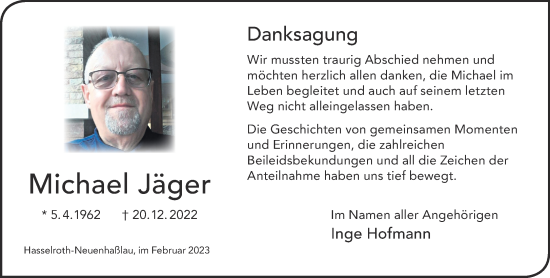 Traueranzeige von Michael Jäger von Gelnhäuser Neue Zeitung