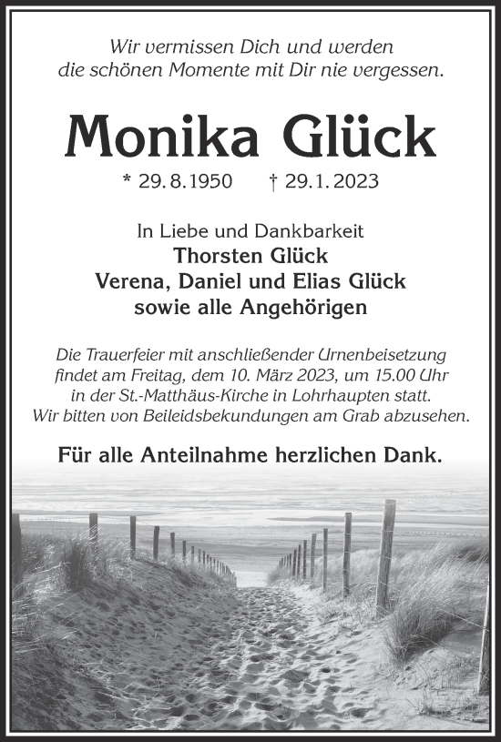 Traueranzeige von Monika Glück von Mittelhessen-Bote