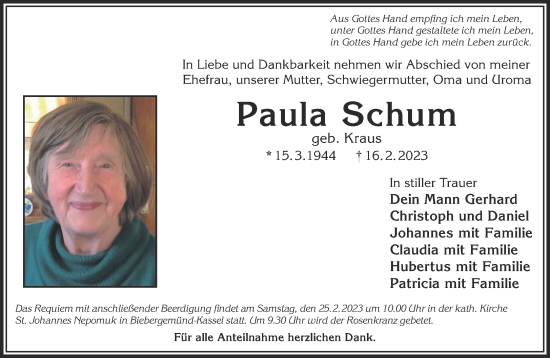 Traueranzeige von Paula Schum von Gelnhäuser Neue Zeitung