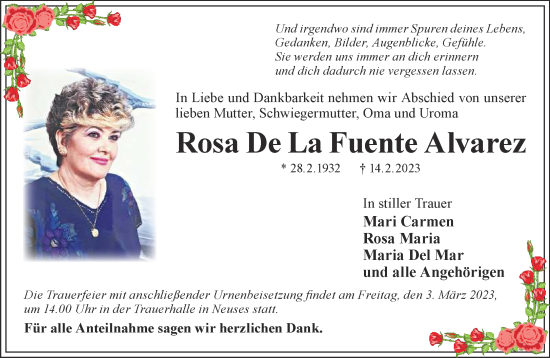 Traueranzeige von Rosa De La Fuente Alvarez von Gelnhäuser Neue Zeitung