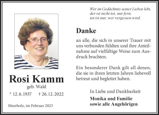 Traueranzeige von Rosi Kamm von Gelnhäuser Neue Zeitung