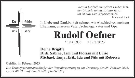 Traueranzeige von Rudolf Oefner von Gelnhäuser Neue Zeitung