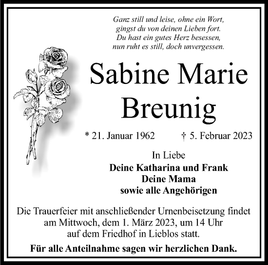 Traueranzeige von Sabine Marie  Breunig von Gelnhäuser Neue Zeitung