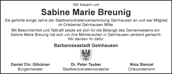 Traueranzeige von Sabine Marie  Breunig von Gelnhäuser Neue Zeitung