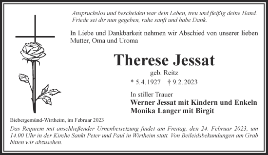 Traueranzeige von Therese Jessat von Gelnhäuser Neue Zeitung