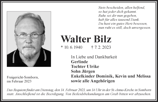 Traueranzeige von Walter Bilz von Gelnhäuser Neue Zeitung