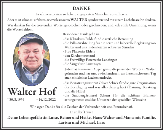 Traueranzeige von Walter Hof von Gelnhäuser Neue Zeitung