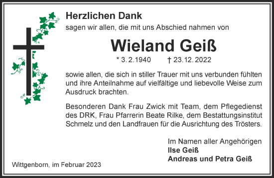 Traueranzeige von Wieland Geiß von Gelnhäuser Neue Zeitung