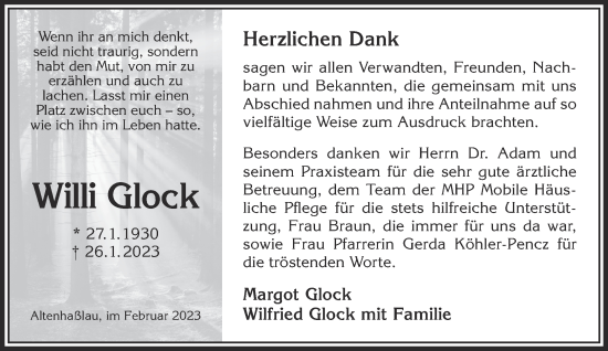 Traueranzeige von Willi Glock von Gelnhäuser Neue Zeitung