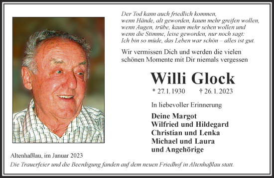 Traueranzeige von Willi Glock von Mittelhessen-Bote