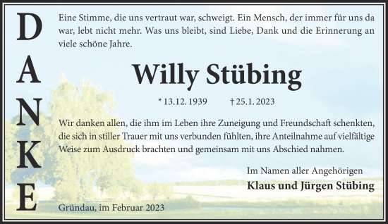 Traueranzeige von Willy Stübing von Gelnhäuser Neue Zeitung