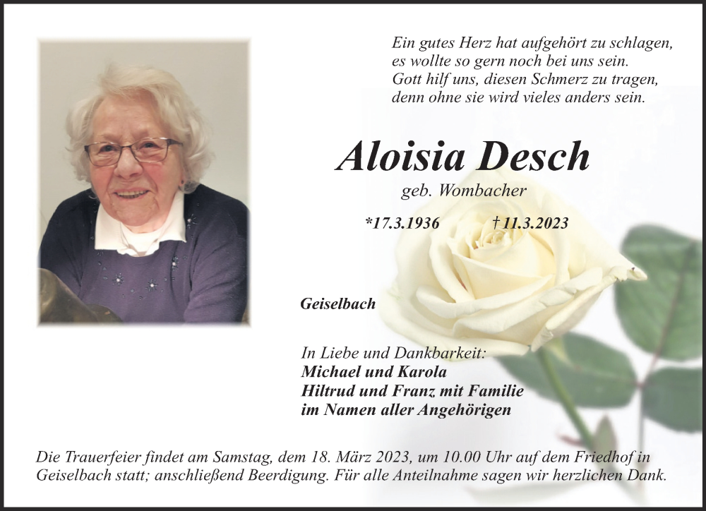  Traueranzeige für Aloisa Desch vom 16.03.2023 aus Gelnhäuser Neue Zeitung