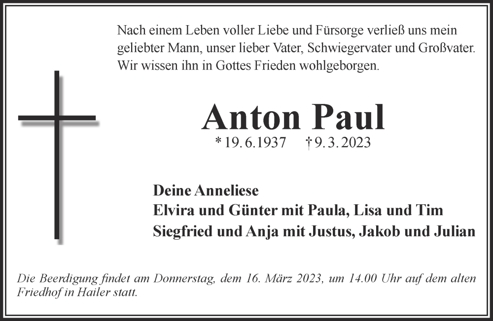  Traueranzeige für Anton Paul vom 18.03.2023 aus Mittelhessen-Bote