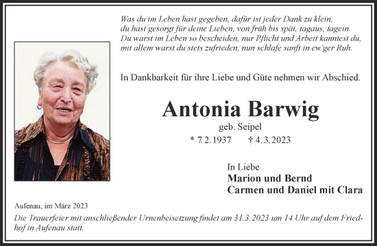 Traueranzeige von Antonia Barwig von Mittelhessen-Bote