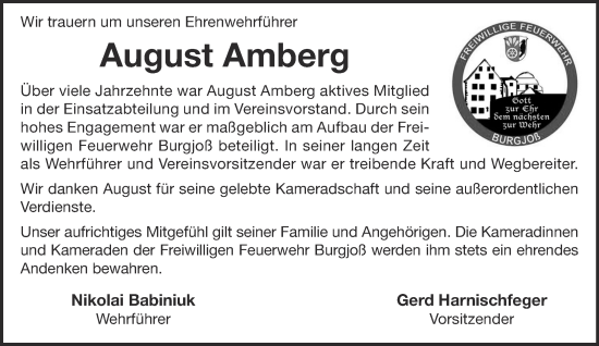 Traueranzeige von August Amberg von Mittelhessen-Bote