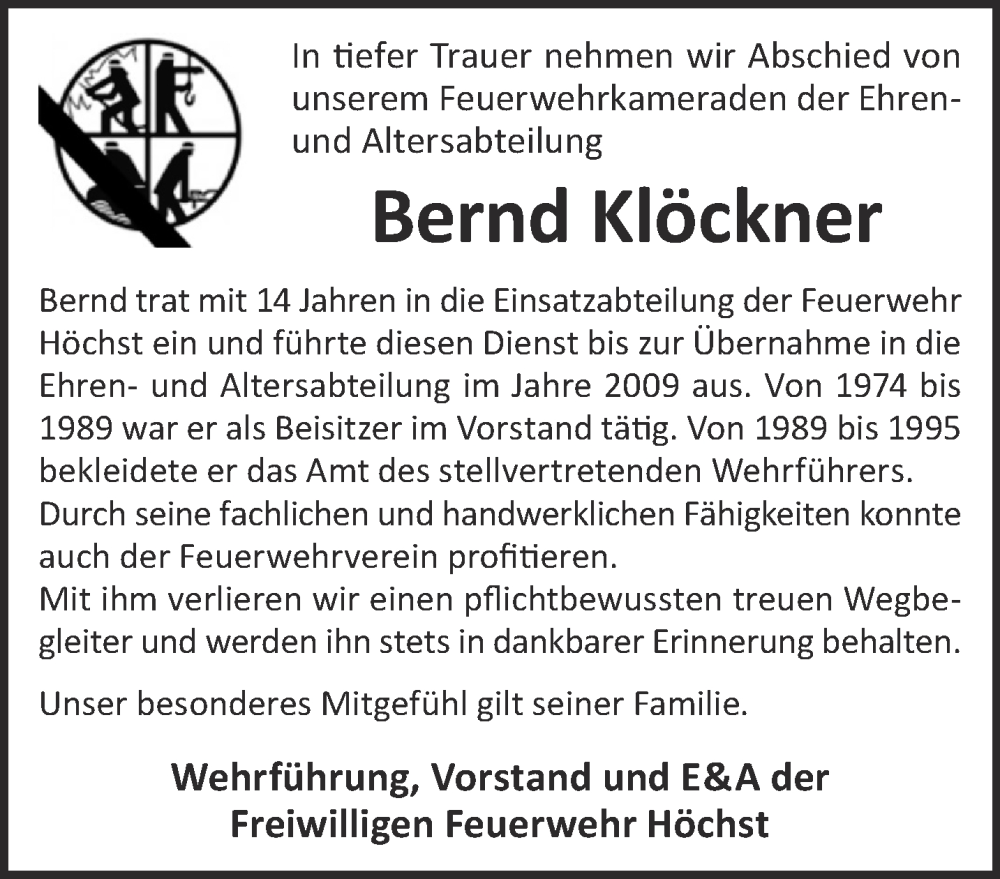  Traueranzeige für Bernd Klöckner vom 01.04.2023 aus Mittelhessen-Bote