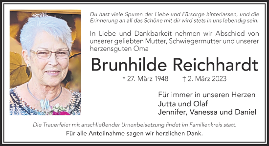 Traueranzeige von Brunhilde Reichhardt von Gelnhäuser Neue Zeitung