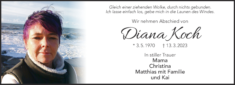  Traueranzeige für Diana Koch vom 18.03.2023 aus Gelnhäuser Neue Zeitung