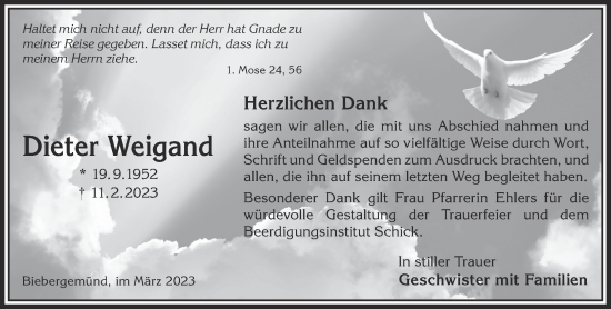 Traueranzeige von Dieter Weigand von Gelnhäuser Neue Zeitung