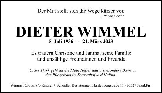 Traueranzeige von Dieter Wimmel von Mittelhessen-Bote