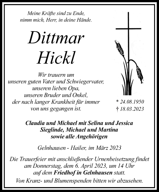 Traueranzeige von Dittmar Hickl von Gelnhäuser Neue Zeitung