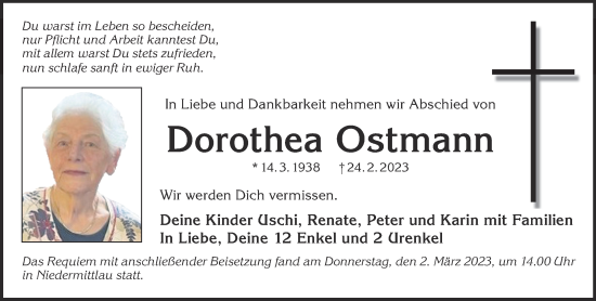 Traueranzeige von Dorothea Ostmann von Mittelhessen-Bote