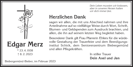 Traueranzeige von Edgar Merz von Gelnhäuser Neue Zeitung