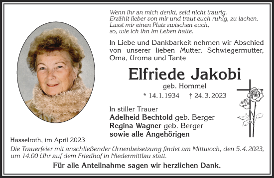 Traueranzeige von Elfriede Jakobi von Gelnhäuser Neue Zeitung