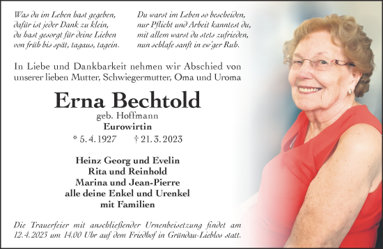Traueranzeige von Erna Bechtold von Gelnhäuser Neue Zeitung