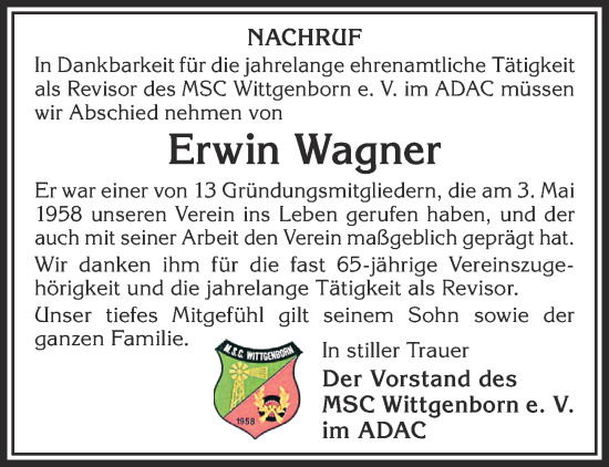 Traueranzeige von Erwin Wagner von Gelnhäuser Neue Zeitung
