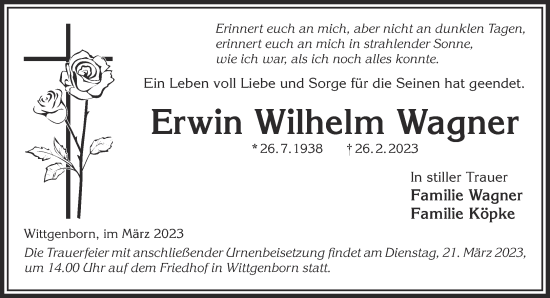 Traueranzeige von Erwin Wilhelm Wagner von Mittelhessen-Bote