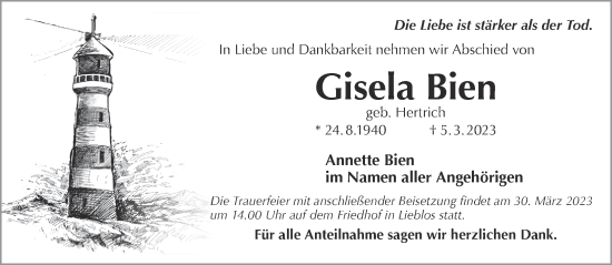 Traueranzeige von Gisela Bien von Gelnhäuser Neue Zeitung