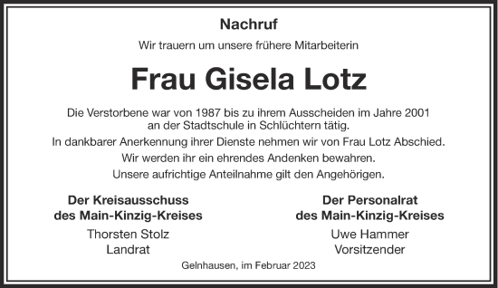 Traueranzeige von Gisela Lotz von Mittelhessen-Bote