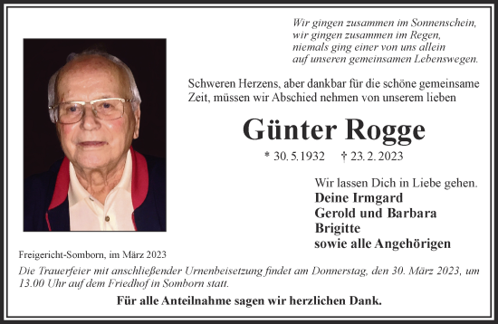 Traueranzeige von Günter Rogge von Gelnhäuser Neue Zeitung