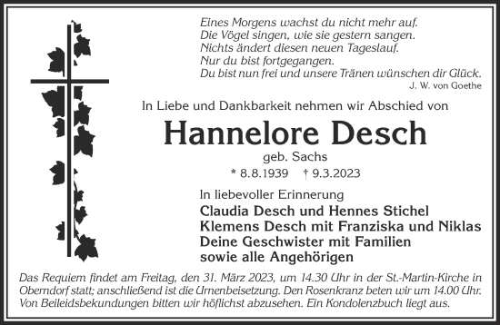 Traueranzeige von Hannelore Desch von Gelnhäuser Neue Zeitung