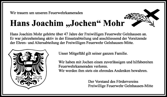 Traueranzeige von Hans Joachim Mohr von Mittelhessen-Bote