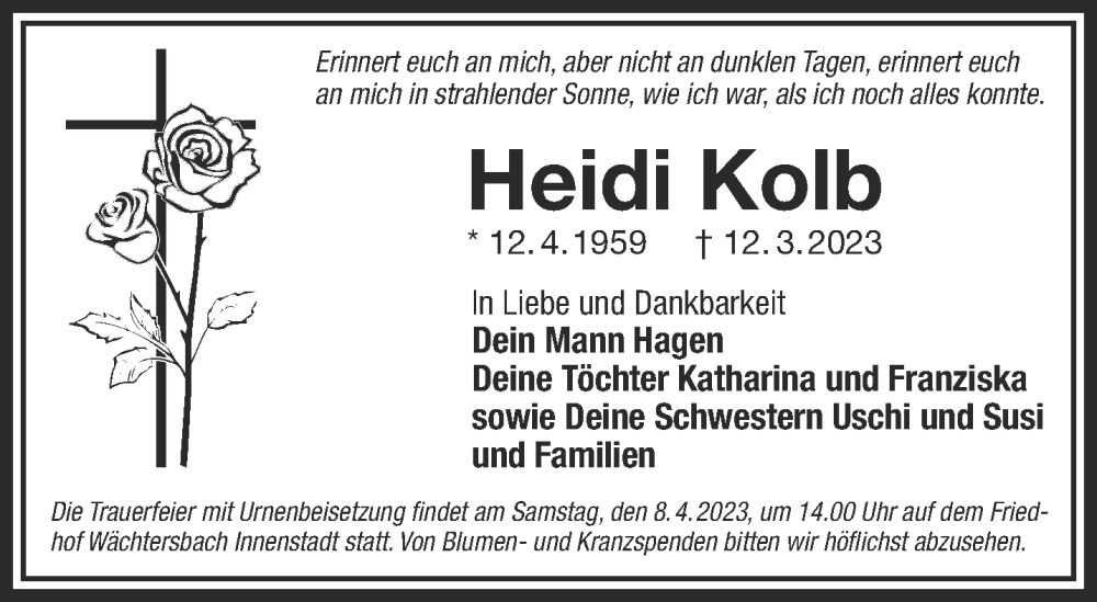  Traueranzeige für Heidi Kolb vom 25.03.2023 aus Mittelhessen-Bote