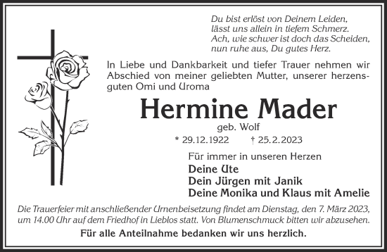 Traueranzeige von Hermine Mader von Gelnhäuser Neue Zeitung