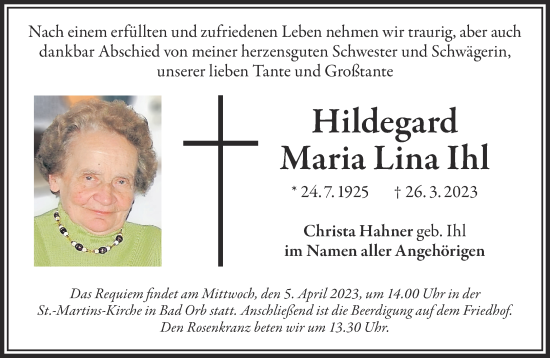 Traueranzeige von Hildegard Ihl von Gelnhäuser Neue Zeitung