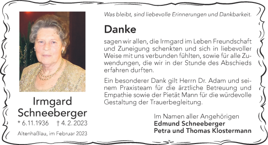 Traueranzeige von Irmgard Schneeberger von Gelnhäuser Neue Zeitung