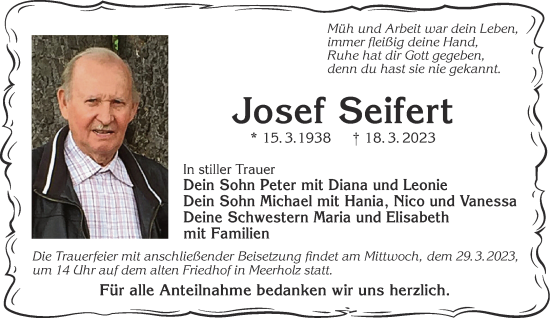 Traueranzeige von Josef Seifert von Gelnhäuser Neue Zeitung