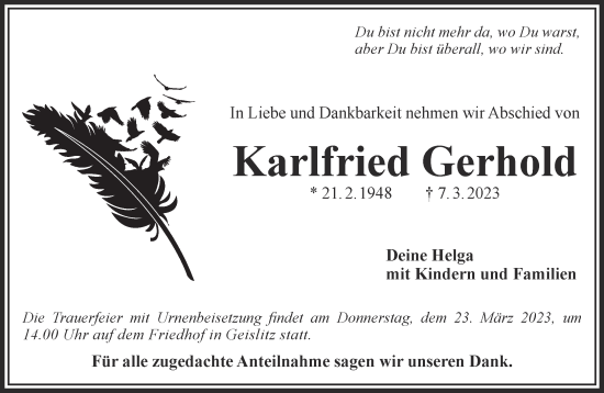 Traueranzeige von Karlfried Gerhold von Gelnhäuser Neue Zeitung