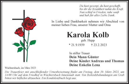 Traueranzeige von Karola Kolb von Mittelhessen-Bote