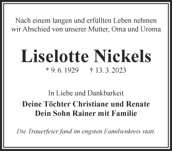 Traueranzeige von Liselotte Nickels von Gelnhäuser Neue Zeitung