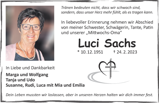 Traueranzeige von Luci Sachs von Gelnhäuser Neue Zeitung