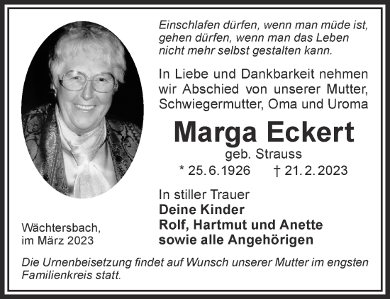 Traueranzeige von Marga Eckert von Gelnhäuser Neue Zeitung