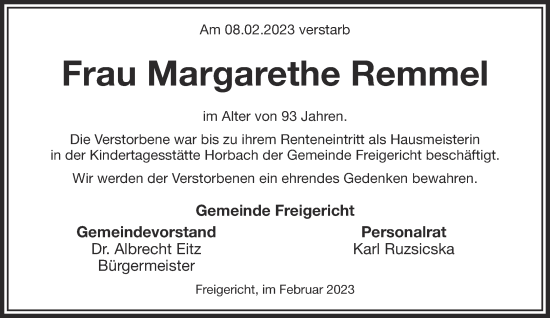 Traueranzeige von Margarethe Remmel von Gelnhäuser Neue Zeitung