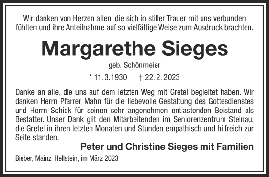 Traueranzeige von Margarethe Sieges von Mittelhessen-Bote