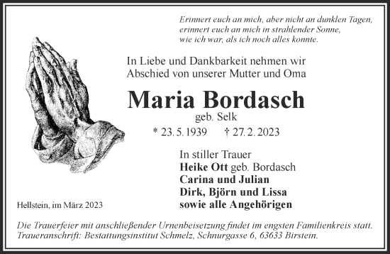 Traueranzeige von Maria Bordasch von Gelnhäuser Neue Zeitung
