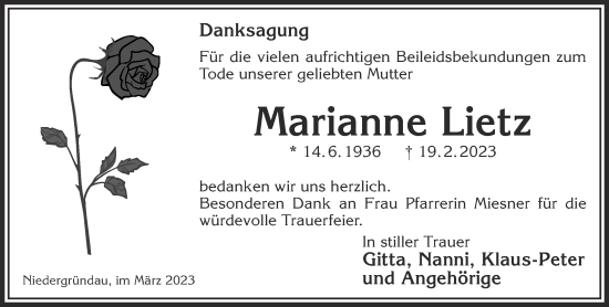 Traueranzeige von Marianne Lietz von Gelnhäuser Neue Zeitung